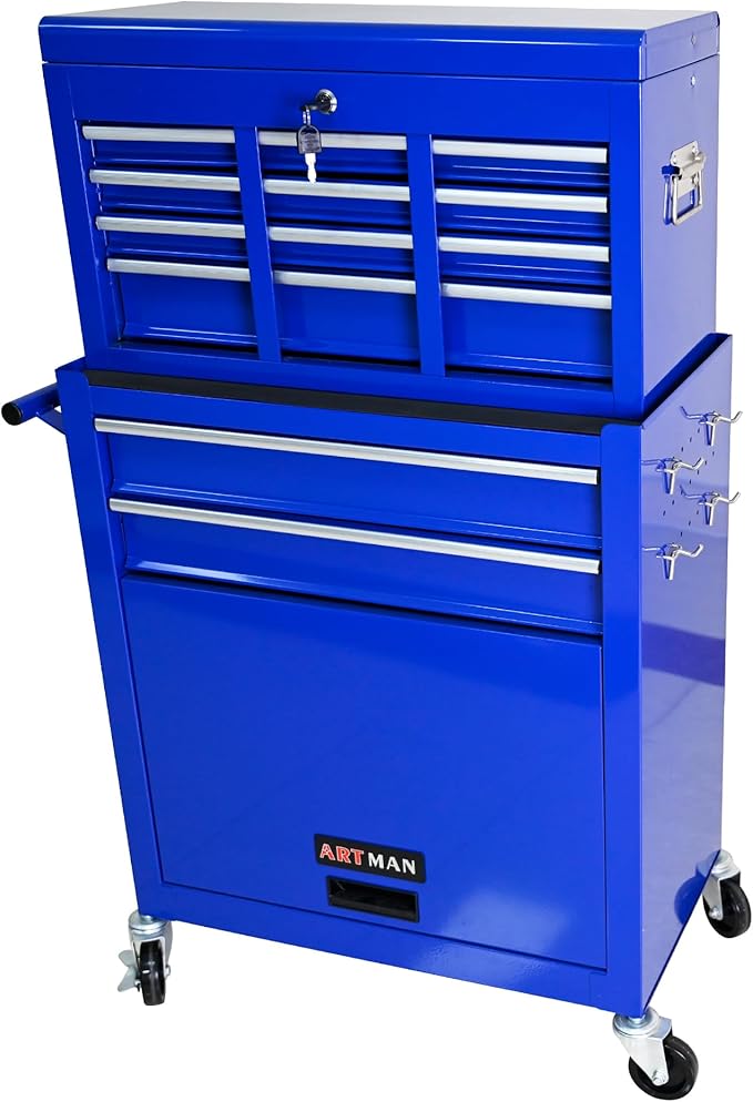 High Capacity Rolling Tool Chest with Wheels and 8 Drawers,Metal Storage Tool Cabinet W/Mobile Case,Pull Handle,4 Hooks,for Workshop Mechanics Garage,Blue