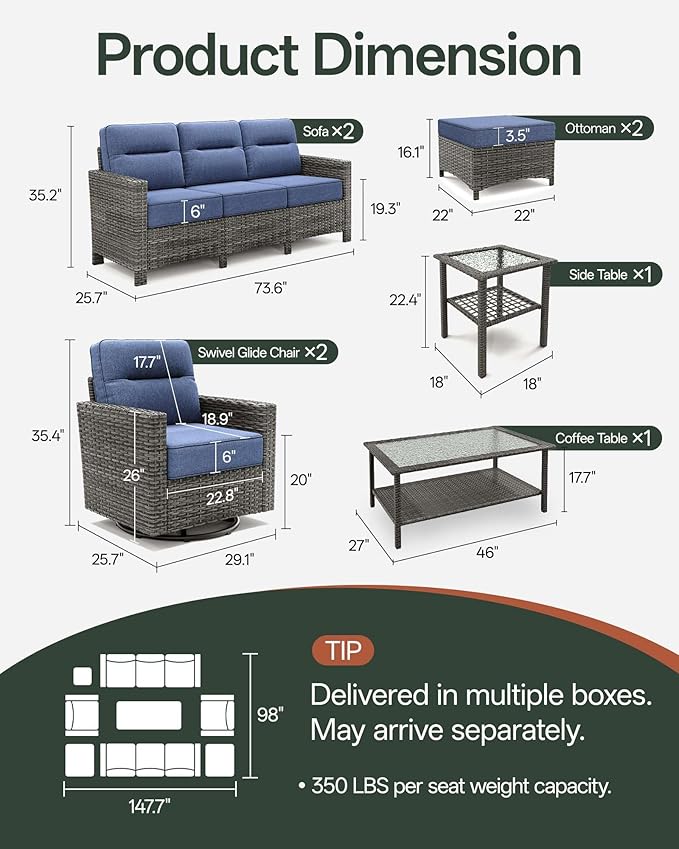 Luxury 8-Piece Patio Furniture Set with 6-Inch Thick Cushions, Outdoor Couch and Swivel Rocker Chairs, Wicker Conversation Set for Porch, Deck, Yard, Pool in Blue