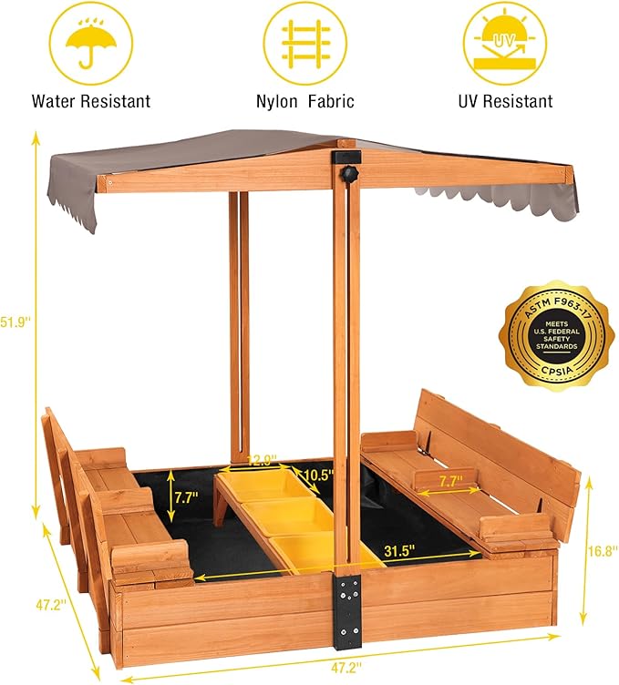 Aivituvin Kids Wooden Sandbox for Backyard, Large Sand Box with 2 Bench Seats and Toy Bin Storage- Bottomless Sand Pit