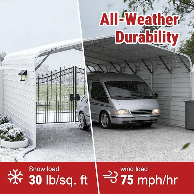 30x20FT Heavy-Duty Galvanized Metal Garage, All-Steel Enclosed Carport with Side Panels, Large Outdoor Vehicle Shelter and Car Shed for Trucks, SUVs, Boats & RVs, Steel Canopy Storage Building
