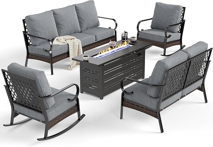 5 Piece Metal Outdoor Patio Furniture Sets with Firepit Table, Patio Conversation Sets 1 3-Seater Sofa, 2-Seater Loveseat, 2 Rocking Chair with 5.75" Cushion for Backyard Deck, Gray