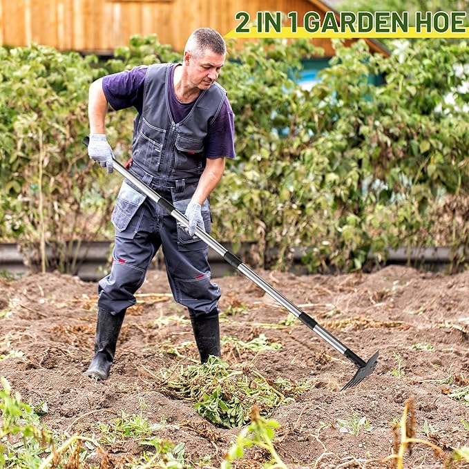 2-in-1 Heavy-Duty Weed Puller Tool with 5-Tine Rake ? 30 to 60 Adjustable Handle, Hoes for Gardening, Hoe Garden Tools for Loosening Soil, Planting, Weeding
