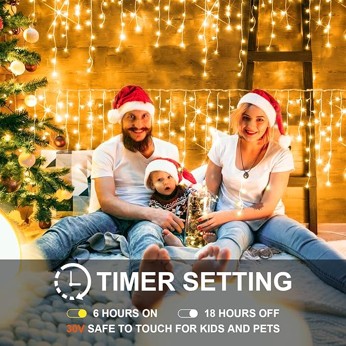 Christmas Lights Outdoor, 98FT 900LED Ice Lights for Outside, Ice String Lights with 8 Modes, Waterproof Timer Memory Hanging Light for Eaves Party Yard Garden(Warm White)