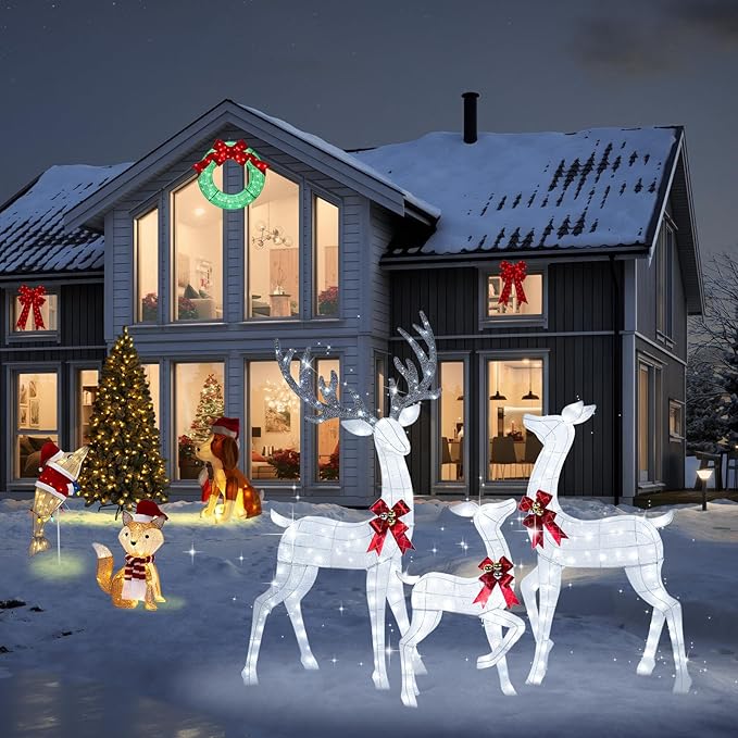 72Inch Light Up Reindeer Outdoor Christmas, 3-Piece 3D Lighted Christmas Deer Family Set with 240 LED Cool White Lights for Yard Patio Lawn Garden Party, White