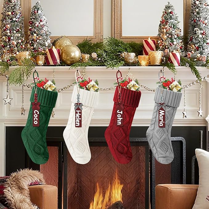 Christmas Stockings 18 Inches,Long Knitted Stocking with Name Tags, Christmas Decoration Hanging Stockings Fireplace Xmas Tree Ornaments for Home Family