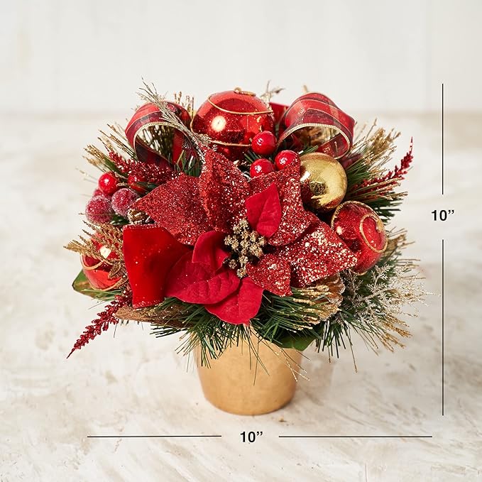 Holiday Tree Christmas Centerpiece - Red Poinsettia Centerpiece with Pot - Handcrafted Glittery Poinsettias, Faux Florals, Foliage, Berries and Ornaments with Red Plaid Ribbon