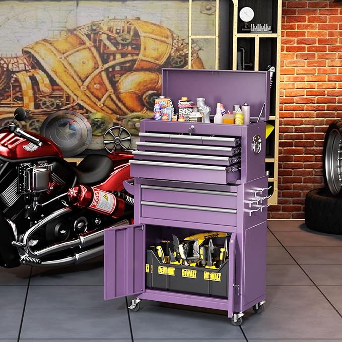 INTERGREAT 8 Drawers Tool Chest, 42'' Large Rolling Tool Chest with Drawers, Detachable Top Tool Box, Tool Cabinet for Repair Room,Warehouse, Rolling Tool Box with Hooks,Tray Divider,Liners(Purple)