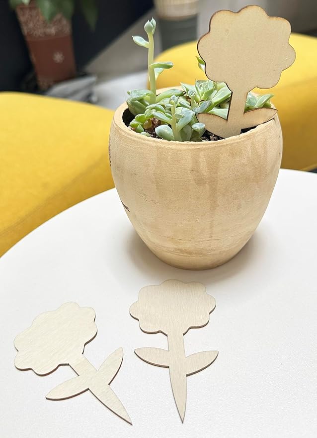 100 Pcs Wood Plant Labels, Natural Wooden Plant Marker Garden Sign Tags, Flower Type Garden Markers for Succulents, Herbs, Seedlings, Potted, Flowers, Vegetables (Flower)