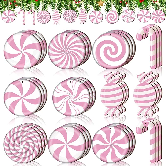 Qunclay 36 Pieces Candy Cane Christmas Ornaments Wood Hanging Lollipop Ornaments Wood Cutouts Peppermint Christmas Decor for Xmas Tree Home Decoration Party Supplies
