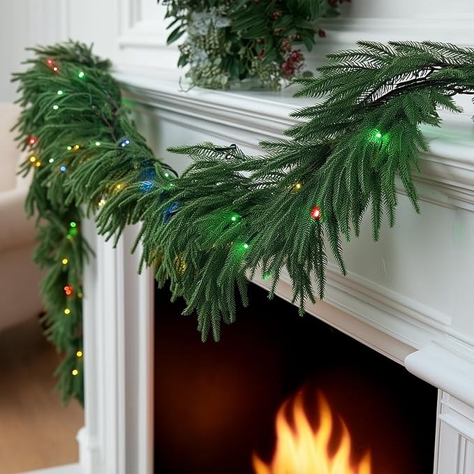 TW SHINE 9 FT Pre-Lit Christmas Garland Decorations, 50 LED Lighted Artificial Norfolk Pine Garlands with 8 Modes, Green Garland for Indoor Outdoor Table Mantle Stairs Fireplace Decor, Multi-Colored