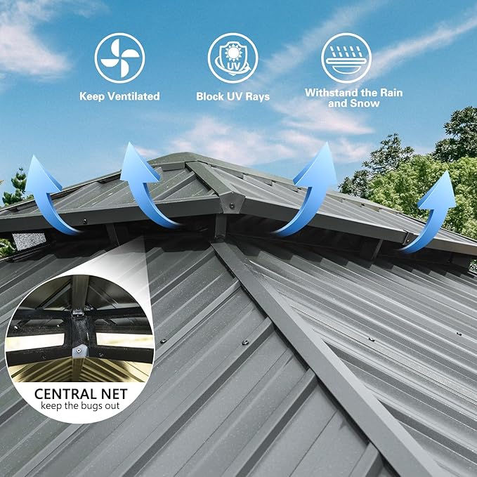 Domi 10x12FT Hardtop Gazebos, Aluminum Metal Gazebo with Galvanized Steel Double Roof Canopy, Curtain and Netting, Permanent Gazebo Pavilion for Patio, Backyard, Deck and Lawn, Grey