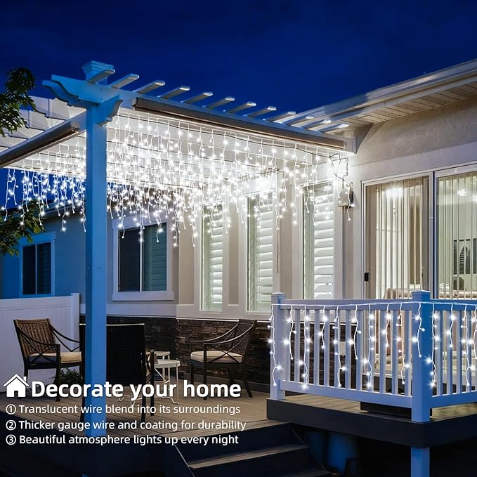 Christmas Outdoor Icicle Lights - 200 LED 21+16 FT 8 Modes Curtain Fairy String Light Plug in, Waterproof for Eaves Yard Holiday Xmas Holiday Indoor Outdoor Decoration - White