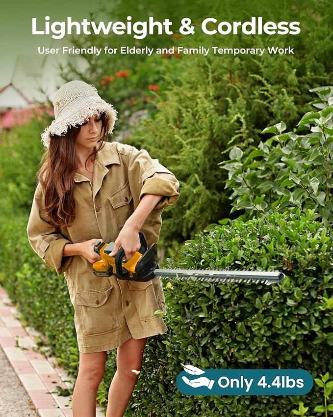20'' Hedge Trimmer Cordless with Battery, 3000RPM Electric Handheld Bush Clipper with 2pcs 2000mAh Rechargeable Batteries, 180¡Æ Rotatable Head, 2/3'' Blade Gap Yellow