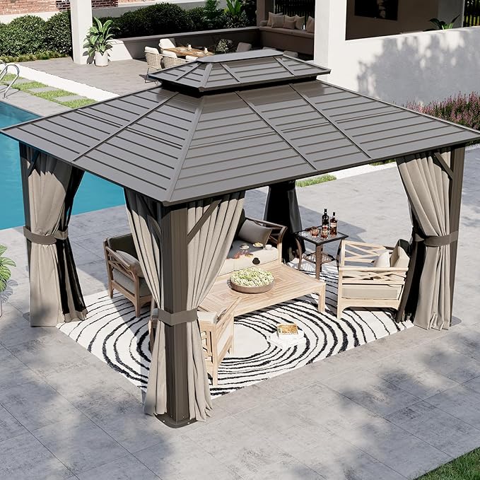 Aoxun 10'x 12' Hardtop Gazebo, Outdoor Dual-Layer Galvanized Steel Double Roof Aluminum Furniture Gazebo Canopy with Netting and Curtains for Deck Backyard Wedding Garden