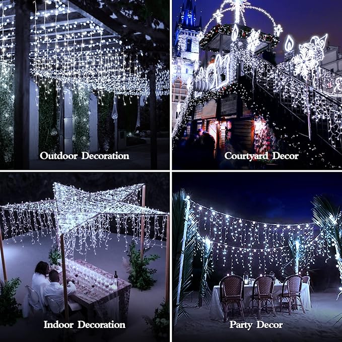 98FT 960 LED Christmas Lights, Waterproof 8 Modes Ice Lights for Outside with Memory and Timer Hanging Fairy Lights Plug-in Curtain String Lights for Holiday Party Wedding Home (Cool White)