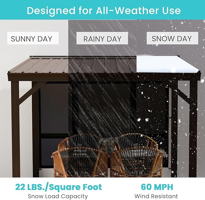 Domi 8' x 10' Lean to Gazebo, Wall Mounted Gazebos Pergola with Built in Drainage System, Galvanized Steel Roof, Hardtop Patio Shelter for Deck, Porch, Backyard and More,Brown