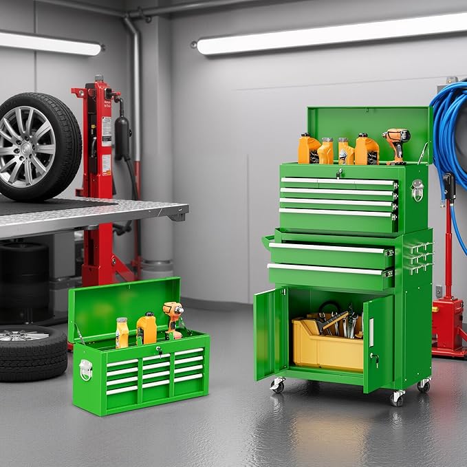 Bonusall 8 Drawer Rolling Tool Chest and Cabinet Combo,Heavy-Duty Metal Garage Tool Chest with Wheels and 2 Doors,2-in-1 Top Box and Roller Cabinet Combo for Garage, Workshop, Warehouse-Green