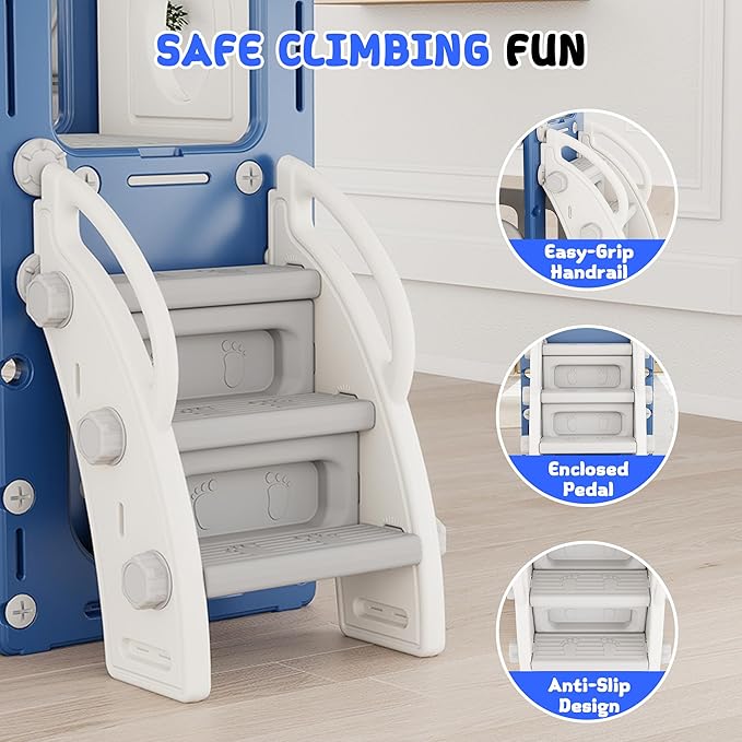 8 in 1 Toddler Slide, Outdoor Indoor Playset for Kids Baby Age 1 2 3, Childs Climber Slide with Storage Space and Non-Slip Steps, Basketball Hoopa and Telescope, Blue & White