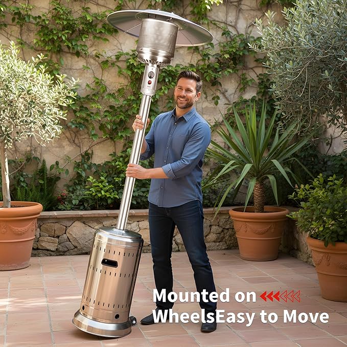 MAJARO 50,000 BTU Outdoor Propane Patio Heater with Wheels ? All-Stainless Steel Gas Heater, Weighted Base, Easy Ignition & Safety Tilt Shut-Off for Patio, Backyard, Garden & Commercial Use
