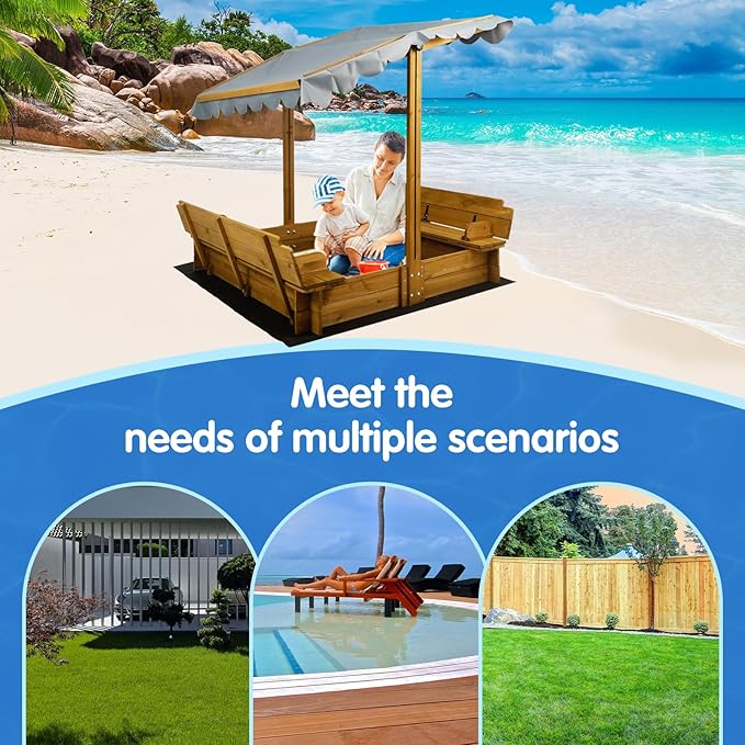 Wooden Kids Sandbox with Lid, Outdoor Sand Box with Canopy and Two Foldable Bench Seats, Sandbox with Cover for Play, Backyard, Gift for Kids Aged 2-8, Bottom Liner & Adjustable Cover, 47''