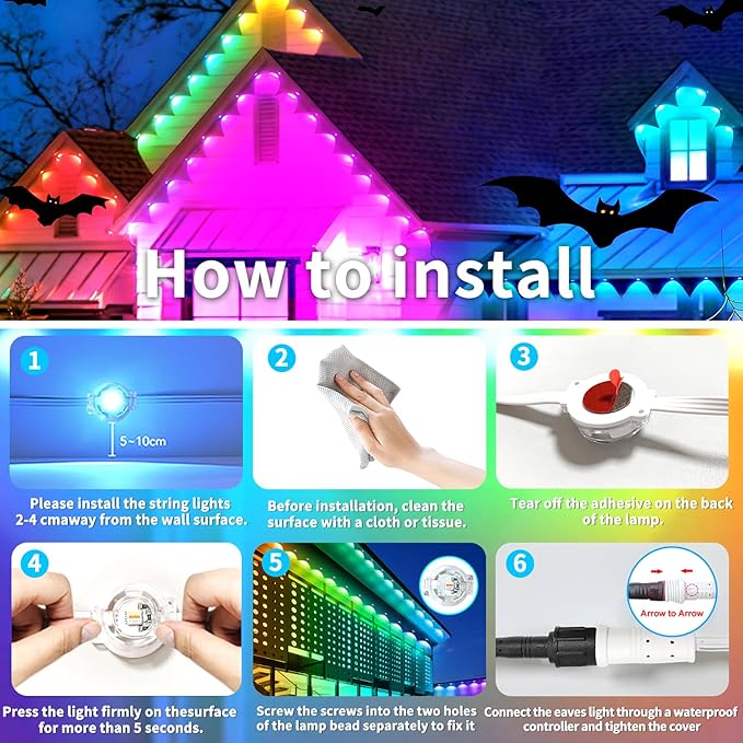 200FT Permanent Outdoor Lights for House,Waterproof Smart RGB LED Eaves Lights,permanent outdoor lights with App/Remote Control,Music synchronisation,for House,Halloween,Roof,Christmas Decorations