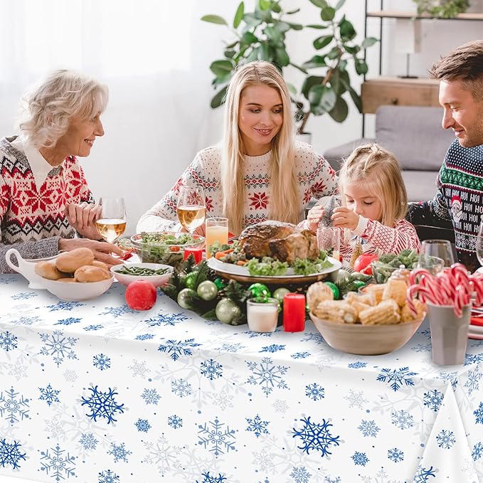 12 Pieces Snowflake Christmas Party Tablecloth Decorations,Plastic White Snowflake White Blue Xmas Backdrop Sign Table Cover Banner for Winter Christmas Holiday Party Supplies,54x108 inch(White/Blue)