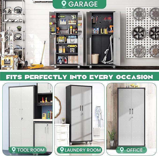 Garage Metal Storage Cabinet,71 Rolling Tool Cabinet with Pegboard and 3 Adjustable Shelves,Heavy-Duty Shelving Unit with Lockable Doors for Garage,Workshop,Home & Office Organization