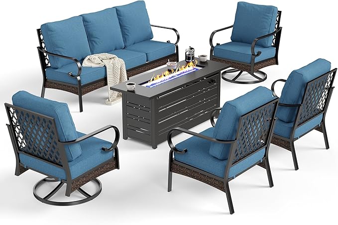 6 Piece Metal Outdoor Patio Furniture Sets with Firepit Table, Patio Conversation Sets 1 3-Seater Sofa, 2 Leg Sofa and 2 Swivel Chair with 5.75" Cushion for Backyard Deck, Denim Blue