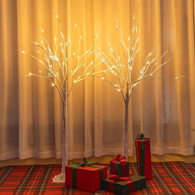 TW SHINE 2 Pack Lighted Birch Tree, 4 FT Total 96 LED Pre-lit Artificial Christmas Trees for Thanksgiving Christmas Decorations Indoor Outdoor Home Festival Wedding Party, Warm White