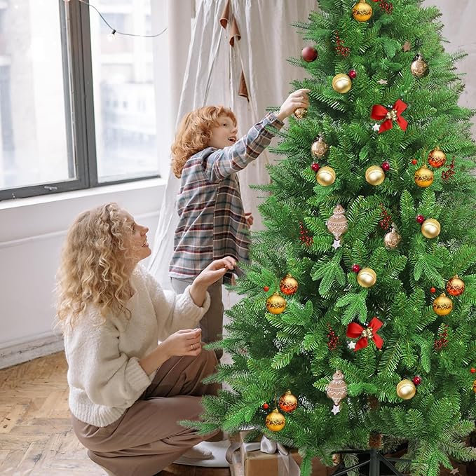 7FT Thick Artificial Christmas Tree with PE+PVC Mixed Branches, 1200+ Tips Snow Flocked Pine,UV Resistant for Outdoor Indoor Offices Home Holiday Christmas Decor
