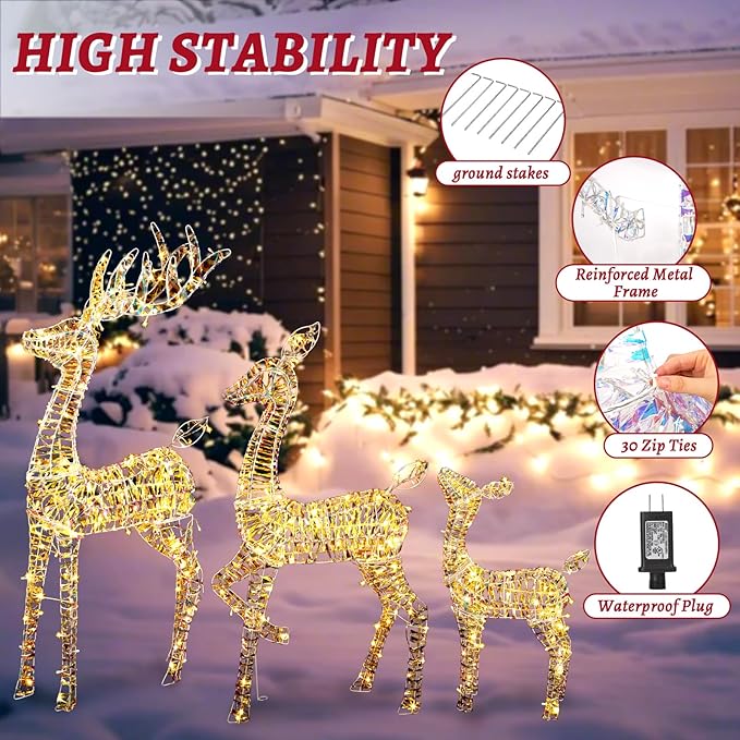 51" H Christmas Iridescent Reindeer Decoration Family Set for Yard 3-Piece Light Up Deer with 360 LED Lights and Ground Stakes 3D Large Outdoor Holiday Decoration for Patio, Lawn, Garden