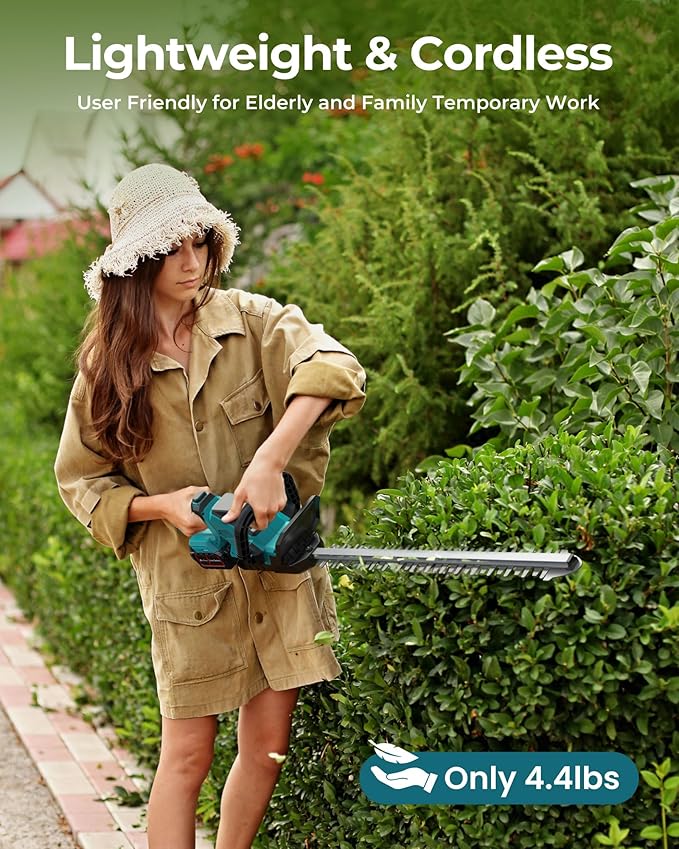 20'' Hedge Trimmer Cordless with 2pcs 4000mAh Battery, Electric Handheld Bush Clipper with Rechargeable Batteries, 3000RPM 180¡Æ Rotatable Head, 2/3'' Blade Gap