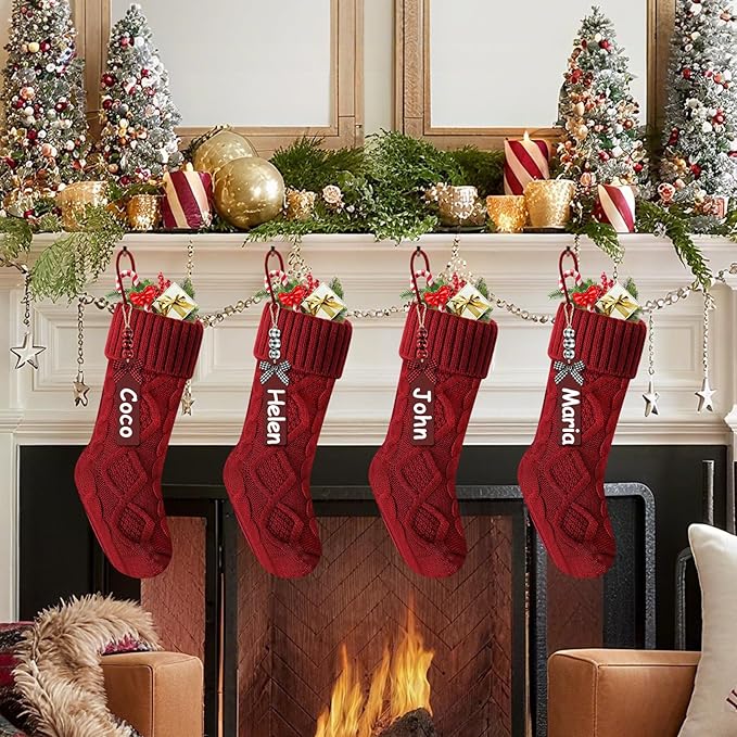 Christmas Stockings 18 Inches,Long Knitted Stocking with Name Tags, Christmas Decoration Hanging Stockings Fireplace Xmas Tree Ornaments for Home Family