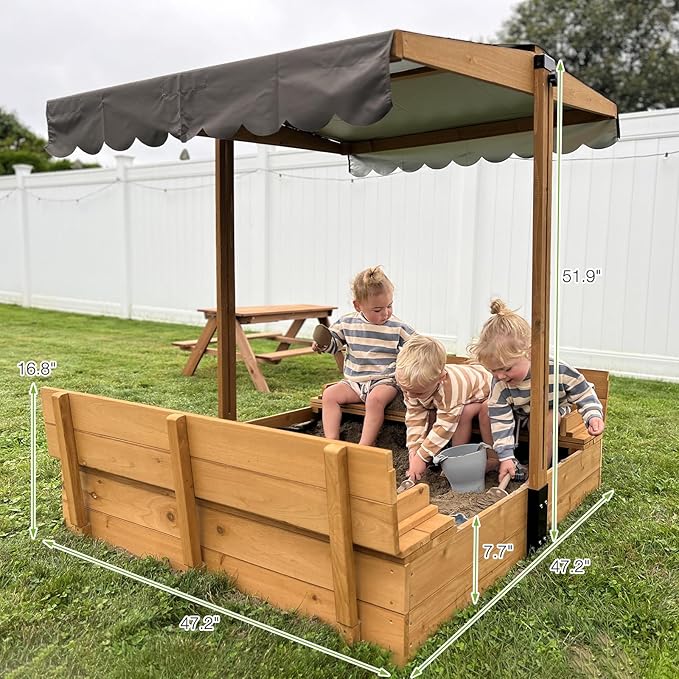 GUTINNEEN Sandbox with Lid and Cover for Kids Outdoor with 2 Foldable Bench Seats, Adjustable Canopy and Sand Protection Liner, 47.2 L x 47.2 W x 51.9 H