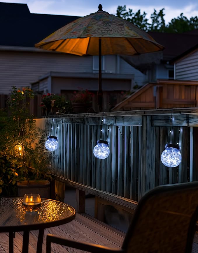 PARTPHONER Solar Lights Outdoor Waterproof 12-Pack, Solar Powered Hanging Lantern Cracked Glass Hanging Globes for Yard Decor Christmas Decoration, Shepherd Hook, Garden Tree Ornaments, Cold White