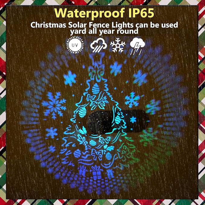 Christmas Tree Theme Solar Fence Lights - Color Changing Solar Lights Outdoor Waterproof Metal Step Wall Deck Fence Light for Post Patio Backyard Garden - Christmas Decorations Gifts for Women Mom.