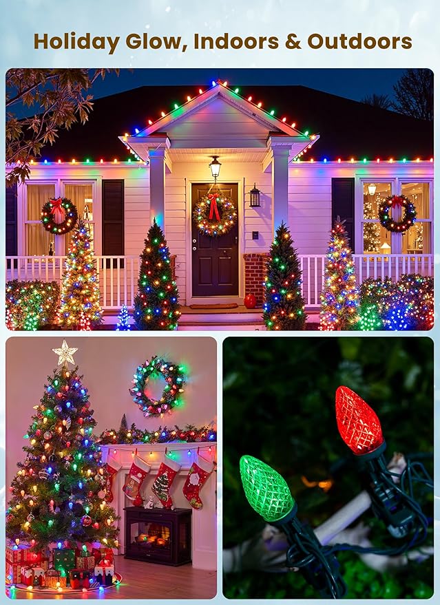 C9 LED Christmas Lights Outdoor, 68Ft 100 LED String Lights with Quick Clips, Commercial Grade Extendable Waterproof Outdoor Christmas Lights for House Outside Roofline Xmas Decorations, Multicolor