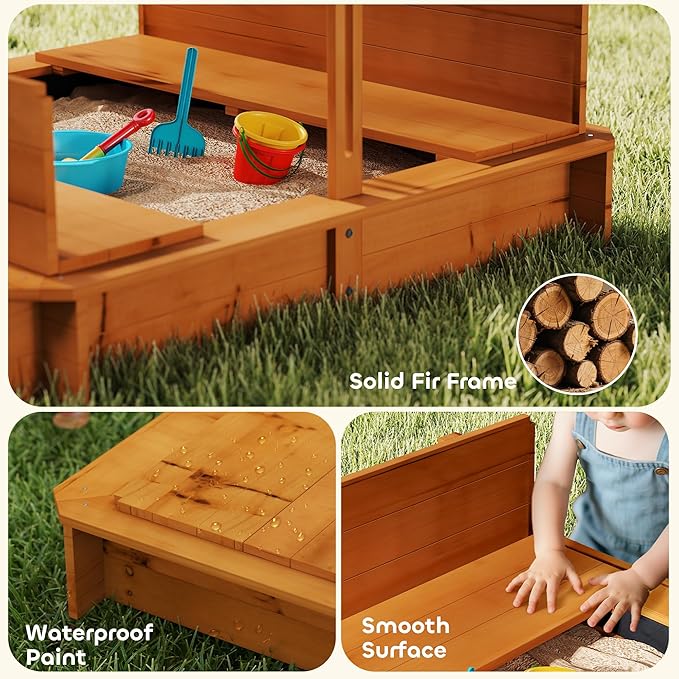 Outsunny Wooden Sandbox with Lid, Kids Sandbox with Canopy Outdoor, Sand Box with Foldable Bench Seats and Sand Protection, Bottom Liner Included, Kids Gift for Aged 3-7, 47X47 in, Red