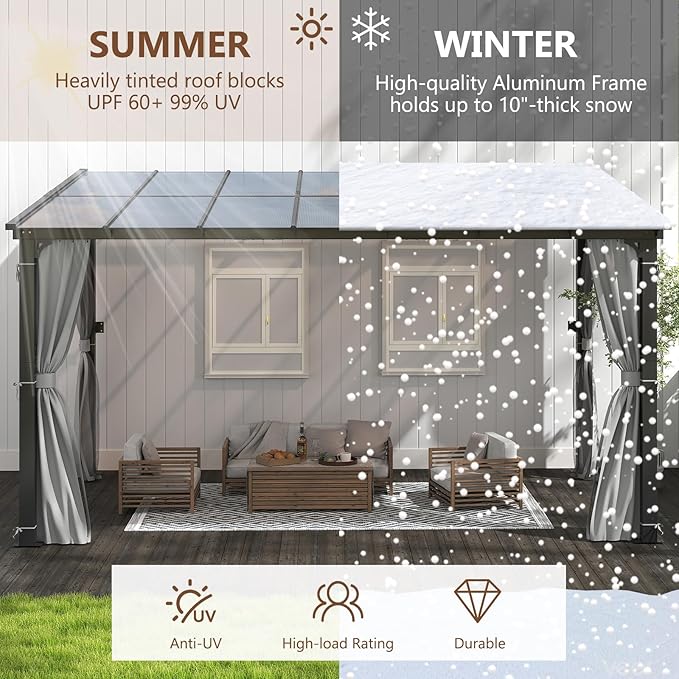 10'x13' Gazebo, Wall Mounted Gazebo Pergola with Aluminum Frame, Curtains and Netting for Patio,Decks, Garden and Lawn