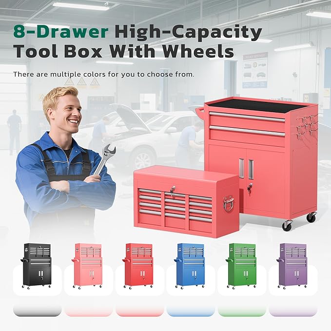 Greenvelly Tool Chest, 8-Drawer Rolling Tool Chest with Hooks and Lockable Wheels,Metal Storage Detachable Top Tool Box with Lockable Wheels for Garage,Workshop,Art Studio(Pink)