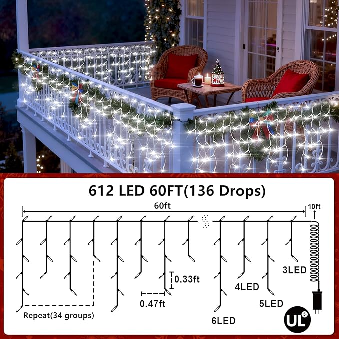 612 LED String lights Indoor Outdoor, 60ft Christmas Window Lights with 136 Drops 12 Modes, Dimmable Curtain Lights, Fairy Lights for Bedroom Holiday Wedding Party Home Xmas Decorations, Cool White
