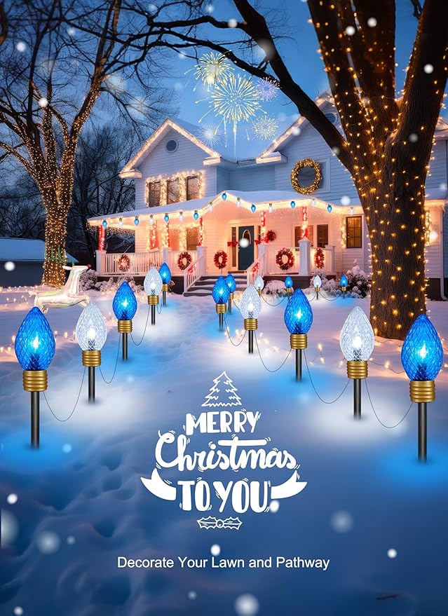 Brightown 2 Pack Jumbo Christmas Pathway Lights Outdoor - 10.5 Feet 5 LED C9 Walkway Light, Covered Jumbo Strawberry Bulb Decorations for Lawn Outside, Blue & White