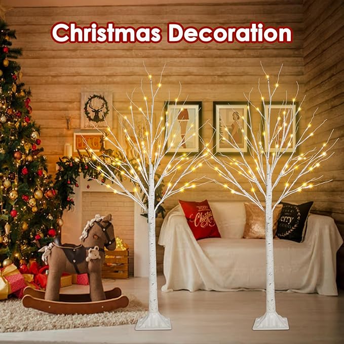 2-Pack 4FT Lighted Birch Tree, Birch Christmas Tree for Indoor & Outdoor, Upgraded 96 LED Birch Tree Lights for Outdoor Christmas Decorations Indoor Home Thanksgiving (Warm White & Multicolor)