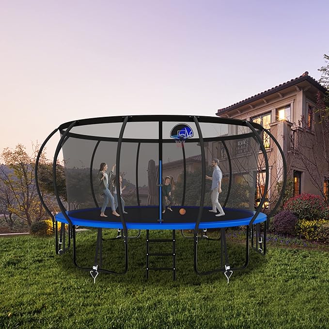 Tranpoline 1500LBS 8 10 12 14 15 16 FT Tranpoline for Kids and Adults Tranpoline with Enclosure Net, Wind Stakes, Basketball Hoop, Heavy Duty Recreational Tranpolines - ASTM Approved