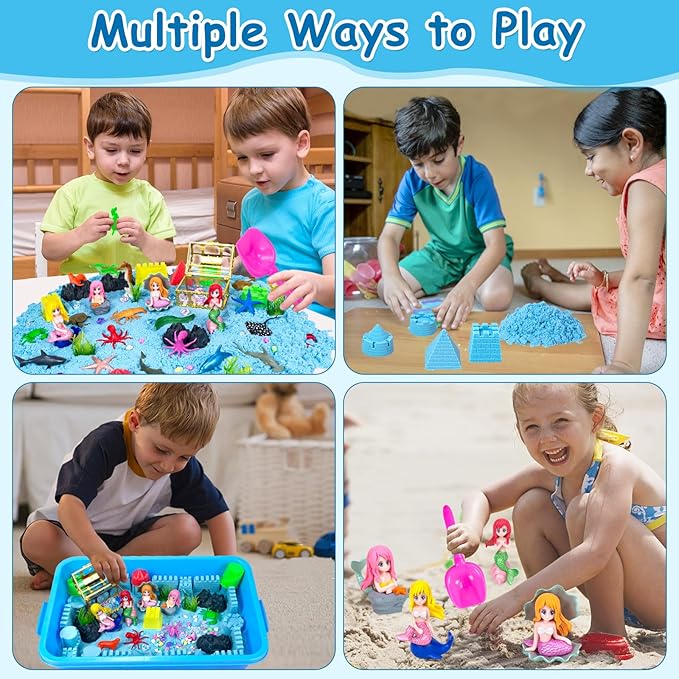 Sensory Bin, 57Pcs Ocean Mermaid Sensory Bins for Toddlers Sand Art Kit Sea Animals Molds Sandbox with Cover, Kids Play Sand Toys Playsand Birthday Valentines Gifts for Boys Girls 3-5 6 7+