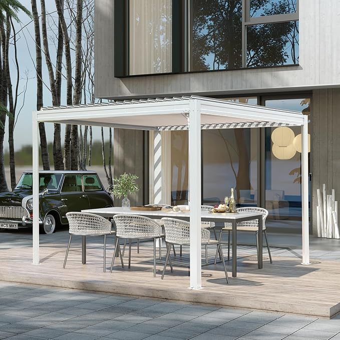 10x10FT Louvered Pergola, Outdoor Pergola Aluminum Frame with Adjustable Rainproof Roof, Permanent Sun Shade with Drainage System for Backyard, Garden and Lawn, White