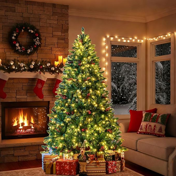 GOFLAME 7FT Pre-lit Artificial Christmas Tree, Hinged Xmas Tree with Remote and App Control, 500 Color & Mode Changing RGB Lights, Timer, 1436 Branch Tips, Pine Cones and Red Berries