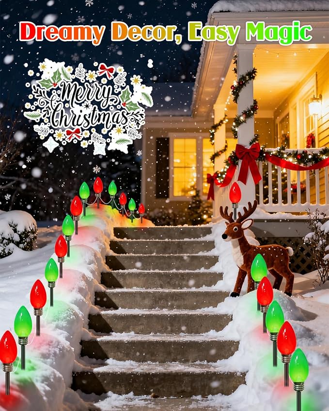IDEAALS 12 Pack Jumbo Red and Green Plug in C9 Christmas Lights Outdoor,LED Pathway Lights Waterproof, Strawberry Light Christmas Decorations Outdoor for Walkway Party Patio Garden Lawn Yard Decor