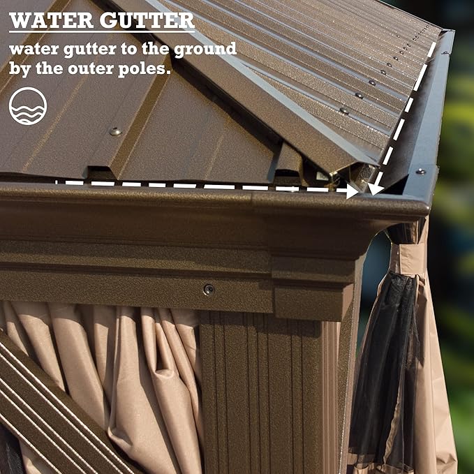 Kozyard Alexander 10' X 12' Hardtop, Aluminum Metal Gazebo with Galvanized Steel Double Roof Canopy, Curtain and Netting, Permanent Pavilion for Patio, Backyard, Deck, Lawn (Brown)