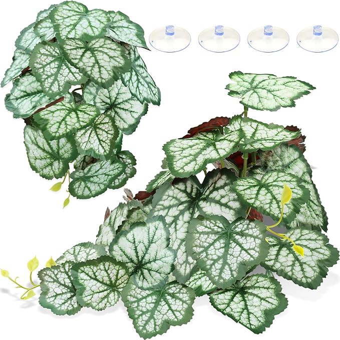 2 Pack Reptile Plants for Terrarium, Artificial Leaves Habitat Decorations with Suction Cups, Terrarium Hanging Plants Vines for Bearded Dragons Lizards Snake Geckos Frogs - Green